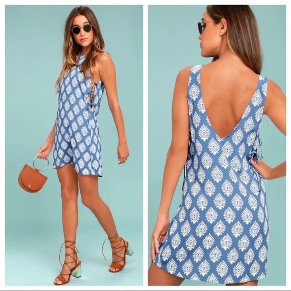 Lucy Love Daiquiri Blue White Print Side Ties Dress